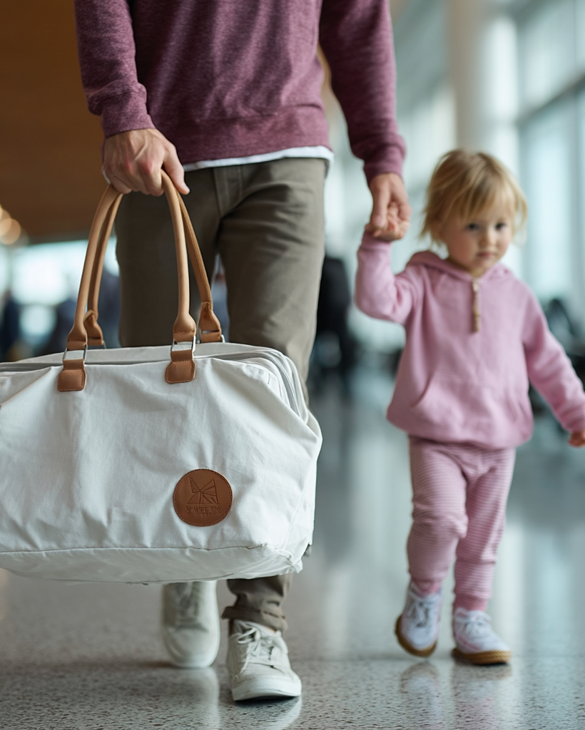 Person holding a white bag with a child in a pink outfit walking together in an indoor setting.
