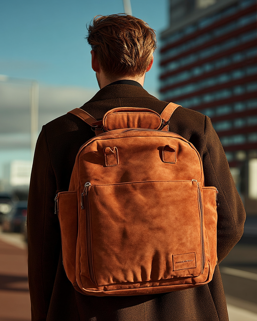 Person wearing a brown leather backpack walking on a street with buildings in the background