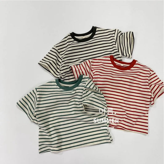 Three striped t-shirts in black and white, red and white, and green and white on a light gray background.
