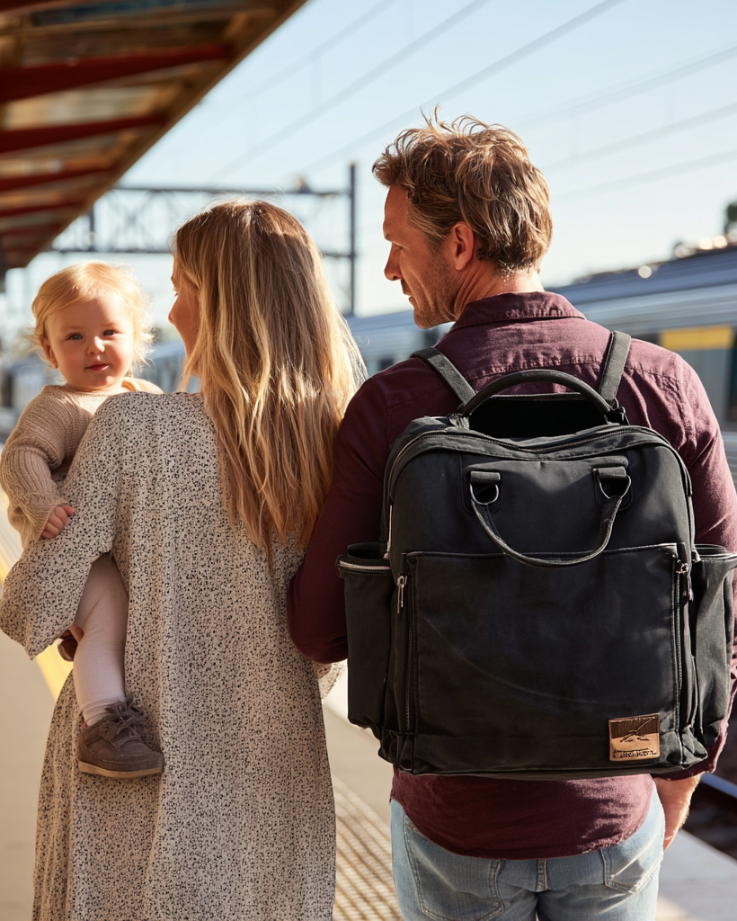 Family with a child at a train station, parent carrying a backpack